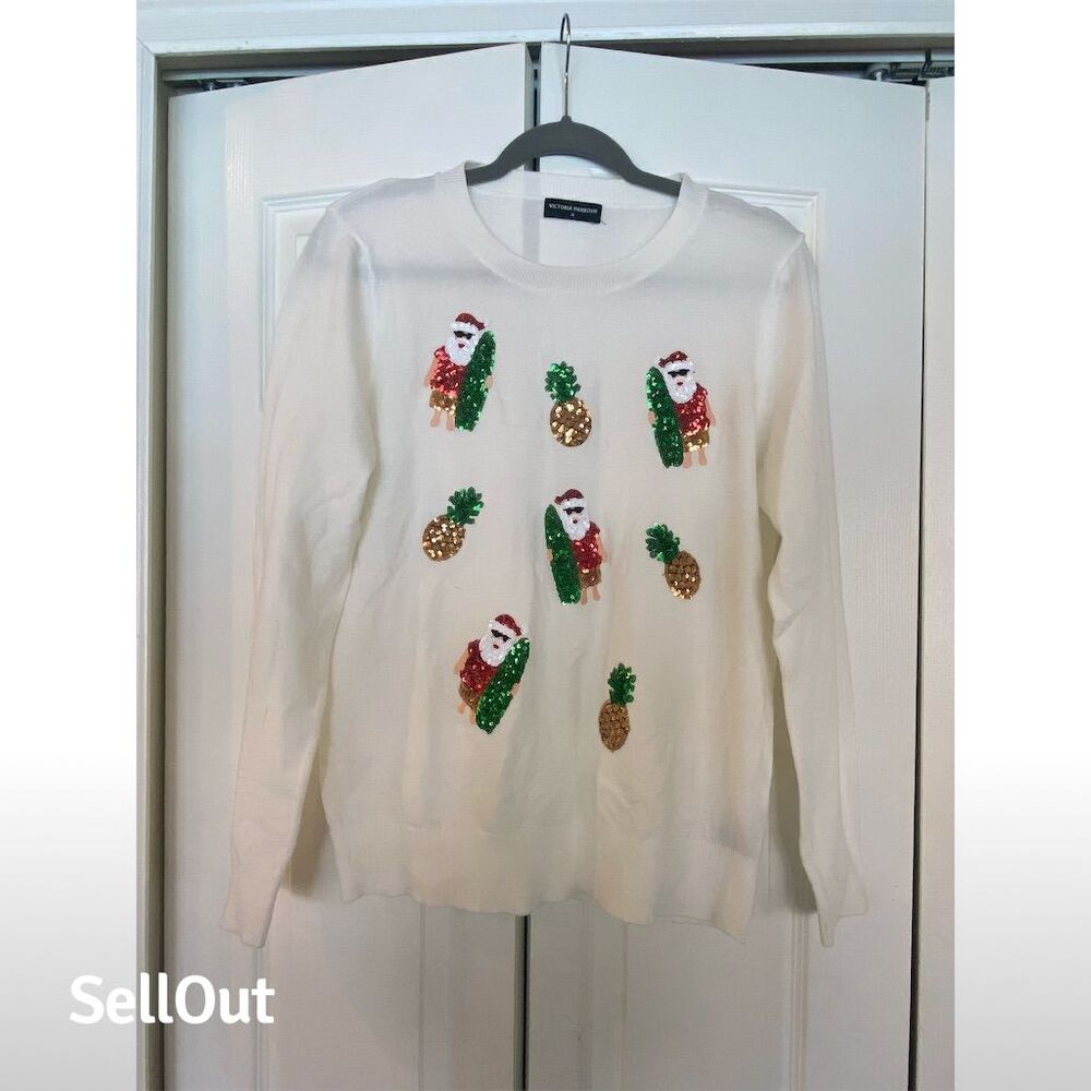 Victoria Harbour Women's M White Sequined Holiday Sweater Long Sleeve Pullover